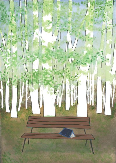 Bench in the Forest, 2017 (akvarell och collage) av Elizabeth Rider