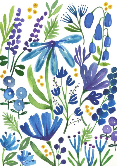 Blå blommor, 2018 (akvarell) av Elizabeth Rider