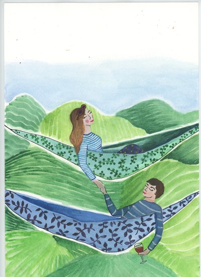 Hanging Out, 2018 (akvarell och collage) av Elizabeth Rider