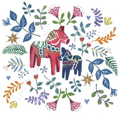Swedish Dala Horse, 2018 (akvarell och akryl) av Elizabeth Rider