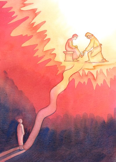 En person som av kärlek till Gud älskar och tjänar sin nästa, går en hård väg mot himlen, med branta stigningar, 2004 (w/c på papper) av Elizabeth Wang