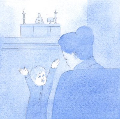 Efter att ett barn hade omfamnat mig, förklarade Kristus att hans kärlek är densamma - den är ren, enkel och öm. Han längtar efter min välfärd., 2001 (w/c på papper) av Elizabeth Wang