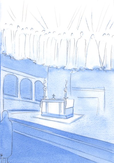 Alla som ber uppriktiga böner, under mässoffret, ber genom Kristus och med himlens heliga, 2002 (w/c på papper) av Elizabeth Wang