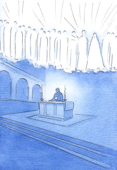 Alla som ber uppriktiga böner, under mässoffret, ber genom Kristus och med himlens heliga, 2002 (w/c på papper) av Elizabeth Wang