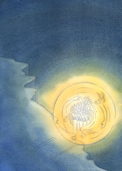 Alla som delar Guds treenighetsliv kan känna sig trygga vid döden - som om de välter över en klippa, men ändå hålls uppe i Guds ljus tills de når andra sidan, 2003 (w/c på papper) av Elizabeth Wang