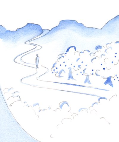 Mitt bland det andliga livets höga bergstoppar finns en bördig dal: Guds trädgård. "This is Eden", 2002 (w/c på papper) av Elizabeth Wang