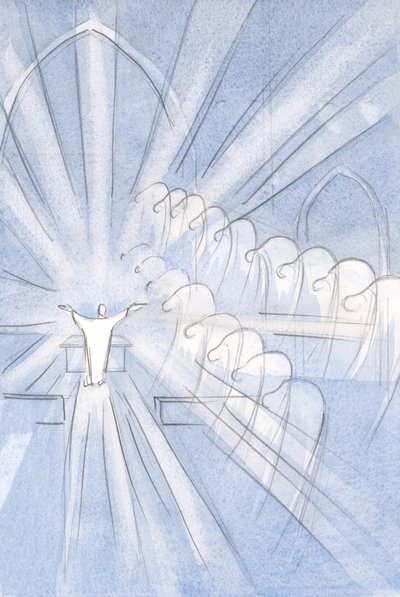 Änglar och heliga böjer sig lågt, tillbedjande, för Kristi offer: "Genom honom, med honom, i honom?", 2001 (w/c på papper) av Elizabeth Wang