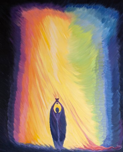 Änglar böjer sig i vördnad inför Kristus, vår kung, när hans dyrbara blod görs närvarande på våra altare, 2000 (olja ombord) av Elizabeth Wang