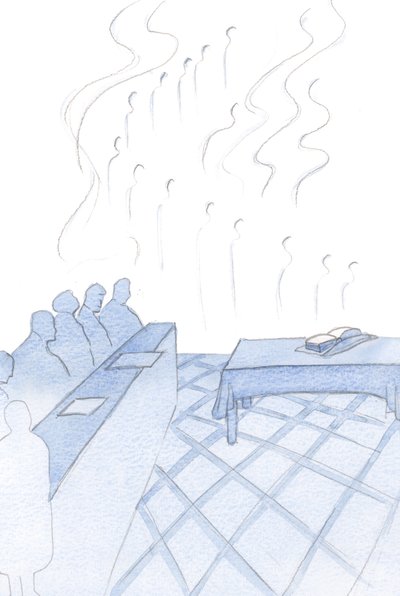 Änglar ekade munkarnas ödmjuka sånger, deras tillbedjan sammanflätad i glädje och ljusa fanor, 2000 (w/c på papper) av Elizabeth Wang