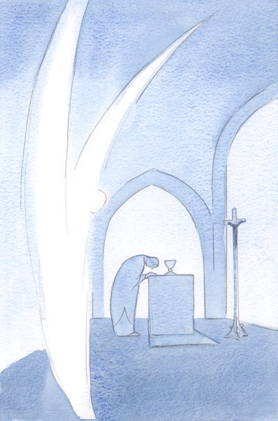Änglar hedrar Kristi älskade folks värdighet; de bugar sig i hälsning, 2000 (w/c på papper) av Elizabeth Wang
