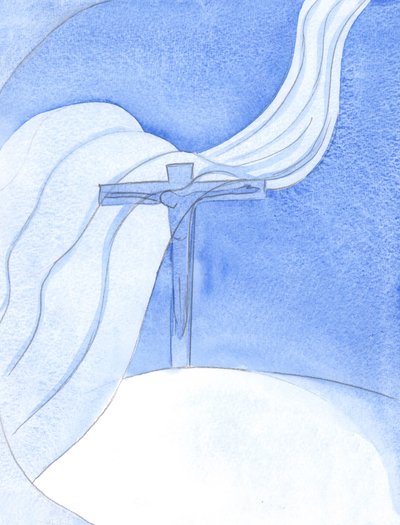 När Kristus utgjuter sitt blod i ett nytt förbund sveper en stor illvillig vind över korset, hotar och förstör, 2001 (w/c på papper) av Elizabeth Wang