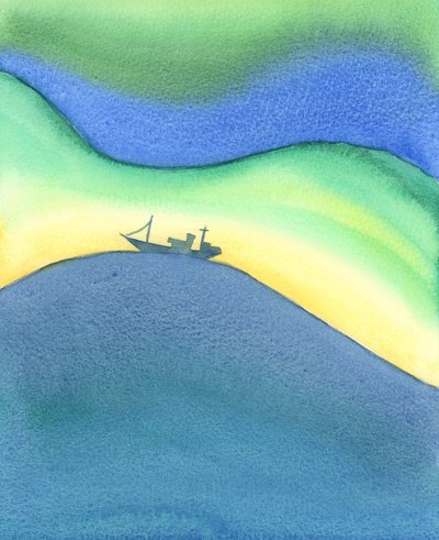 Som ett skepp på havet är omgivet av vatten, så är vi helt omgivna och uppehållna av Guds kärlek - oavsett om vi ber eller inte, och oavsett om vi upplever hans närvaro eller inte, 2003 (w/c på papper) av Elizabeth Wang