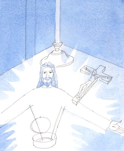 Så snart pyxen öppnades och jag avgudade Jesus, Verkligen närvarande i den heliga värden, visades jag den glada åsynen av Jesus själv, som sträckte ut sina armar för att hälsa mig., 2004 (w/c på papper) av Elizabeth Wang