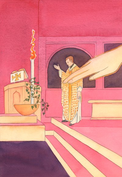 När prästen sträckte ut sin hand för att välsigna vattnet i fonten, vid påsk, sträckte Gud Fader ut sin hand och rörde vid vattnet, 2002 (w/c på papper) av Elizabeth Wang