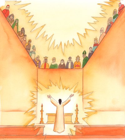 Under mässan, när Kristus ber till Fadern, ser helgonen på från himlen och deltar i våra böner, 2005 (akvarell på papper) av Elizabeth Wang