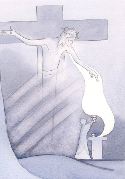 Vid varje mässa hälls Kristi dyrbara blod ut från korset, för vår frälsning från synd, 2000 (w/c på papper) av Elizabeth Wang