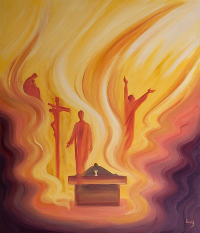 På mässan är vi närvarande för varje mysterium i Kristi liv, 2001 (olja ombord) av Elizabeth Wang