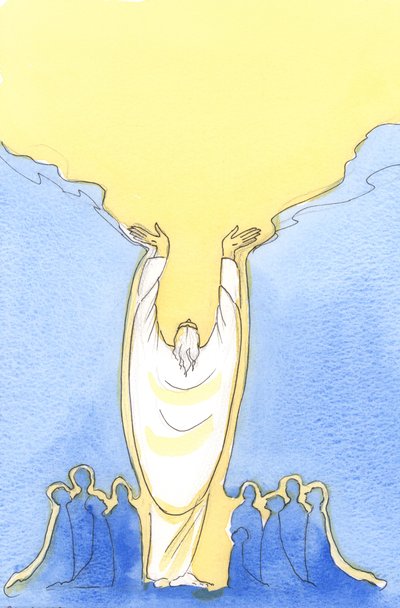 Eftersom Jesus Kristus är Gud såväl som människa, och närvarande bland oss vid mässan, 2003 (w/c på papper) av Elizabeth Wang