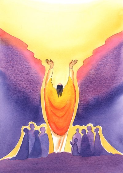 Eftersom Jesus Kristus är Gud såväl som människa, och närvarande bland oss vid mässan, 2003 (w/c på papper) av Elizabeth Wang