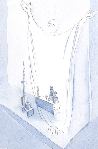 "Genom hans heliga och härliga sår". Vid påskvakans mässa bad jag den enda verkligt perfekta bönen: Kristi egen bön, vid altaret., 2001 (w/c på papper) av Elizabeth Wang