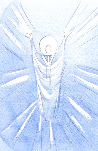 Kristus, uppstånden och härlig, är verkligen närvarande i det heliga sakramentet. Klädd som präst ber han till Fadern för våra vägnar, 2001 (w/c på papper) av Elizabeth Wang