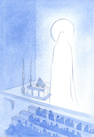 Kristus och hans heliga moder lever, i himlen nu, härliga. Att bli glorifierad är att vara majestätisk och perfekt på alla sätt, 2001 (w/c på papper) av Elizabeth Wang