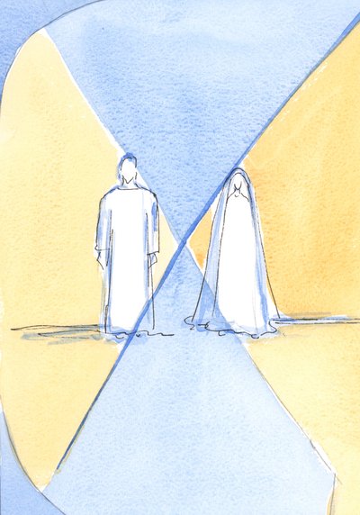Kristus och hans heliga moder är skapare och varelse, ändå är Kristus, gudsmannen, "skyldig" Maria sin mänskliga natur, hans kött och blod, 2002 (w/c på papper) av Elizabeth Wang