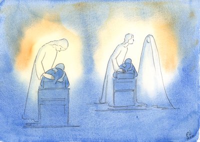 Kristus och hans mor är nöjda när vi vänder oss till dem med ett barns enkelhet och tillit, 2003 (w/c på papper) av Elizabeth Wang