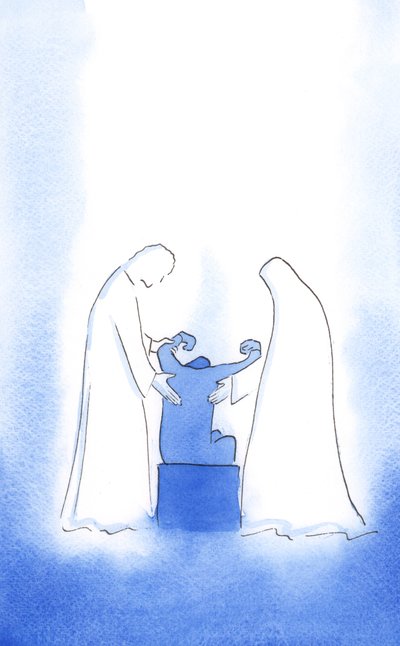 Kristus och Vår Fru är alltid ivriga att hjälpa oss. Deras hjälp är öm, personlig och oupphörlig, hela vägen till himlen, 2002 (w/c på papper) av Elizabeth Wang