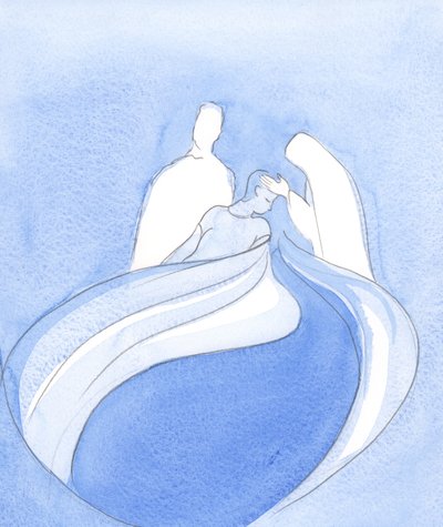 Kristus och Vår Fru är som himmelska skötare, som hjälper oss medan något underbart föds ur andlig turbulens och uthållighet, 2002 (w/c på papper) av Elizabeth Wang