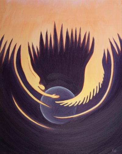 Kristus och den Helige Ande är som två armar från Fadern som omfamnar jorden, 2001 (olja ombord) av Elizabeth Wang