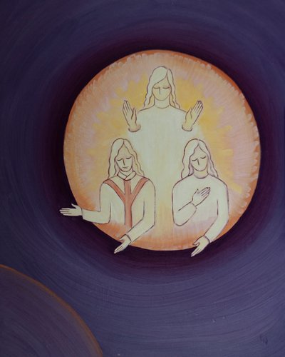 Kristus frågar hur många av oss på denna jord nedan som verkligen älskar den heliga treenighetens personer, 2002 (olja ombord) av Elizabeth Wang