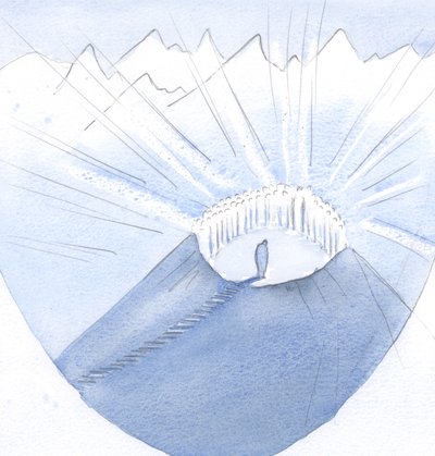 Kristus förde min själ till en bergstopp och till sitt heliga sällskap; hur många kompromisser och misslyckanden (jag lärde mig) hade förlängt min resa., 2001 (w/c på papper) av Elizabeth Wang
