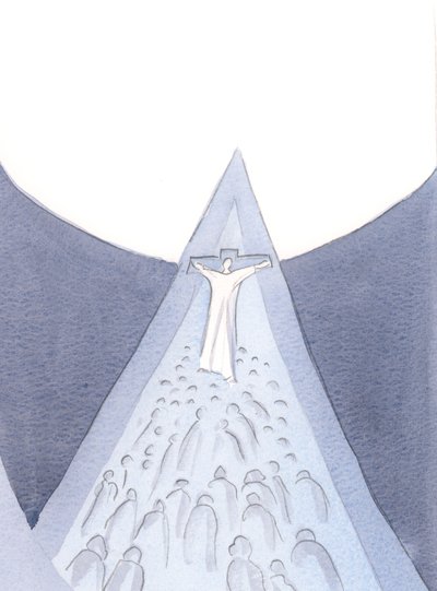 Kristus tog sig genom sin lidande, död, uppståndelse och himmelsfärd en väg in i himlen - en väg på vilken vi kan följa., 2000 (w/c på papper) av Elizabeth Wang