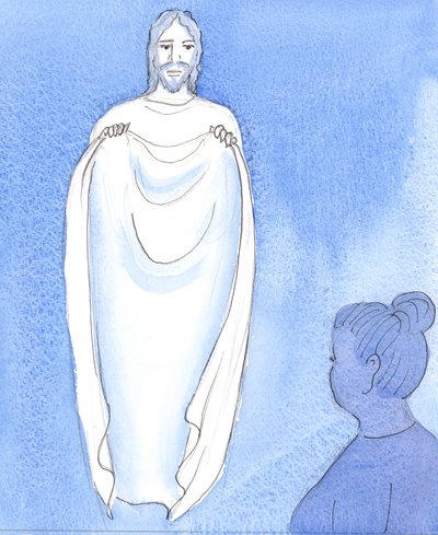 Kristus tröstar och lugnar oss, som en mamma som lugnar sina barn när de är oroliga eller bekymrade, 2004 (w/c på papper) av Elizabeth Wang