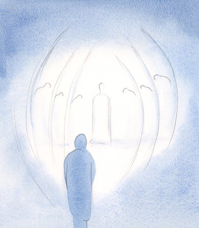 Kristus är alltid densamme, tålmodig och kärleksfull, här med sina änglar, även i själen., 2000 (w/c på papper) av Elizabeth Wang