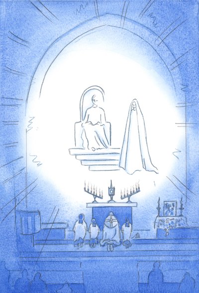 Kristus tronar över oss, i härlighet, vid vår Novena och välsignelse, som är som en himmelsk fest. Vår mamma Mary står glatt nära, 2002 (w/c på papper) av Elizabeth Wang