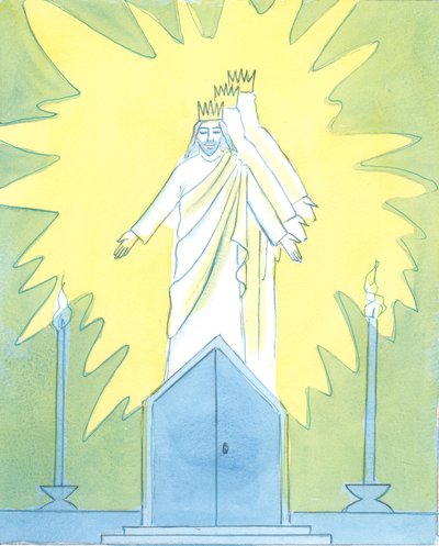 Kristus är nöjd med vår hängivenhet till honom vid tabernaklet, 2003 (w/c på papper) av Elizabeth Wang