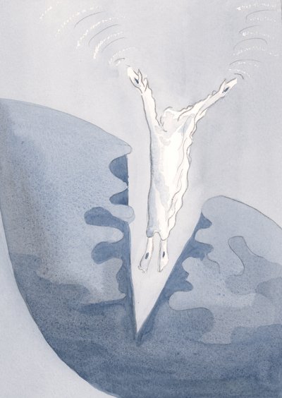 Kristus hoppar kärleksfullt in i våra hjärtans fruktansvärda mörka djup., 2001 (w/c på papper) av Elizabeth Wang