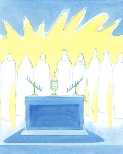 Kristus älskar att ge sina vänner förfriskning och nytt mod genom sin verkliga närvaro i det välsignade sakramentet, 2003 (w/c på papper) av Elizabeth Wang