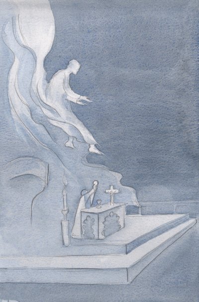Kristus "återförenar sig" med sina vänner, varje gång som den heliga kyrkan kallar honom till mässan, genom det högtidliga framträdandet av hans egna ord., 2001 (w/c på papper) av Elizabeth Wang