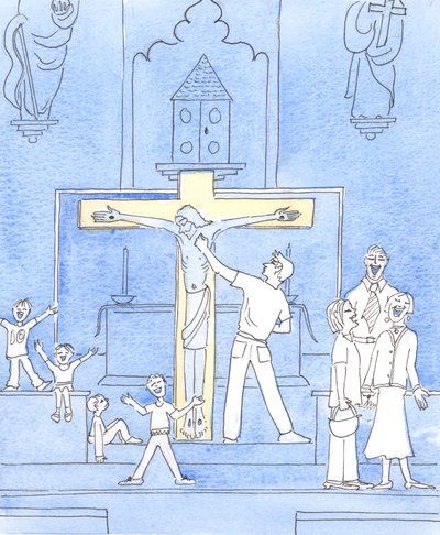 Kristus ser vårt beteende i kyrkan - en del dåligt beteende på grund av okunnighet, en del på grund av slarv eller brist på kärlek till honom, 2002 (w/c på papper) av Elizabeth Wang