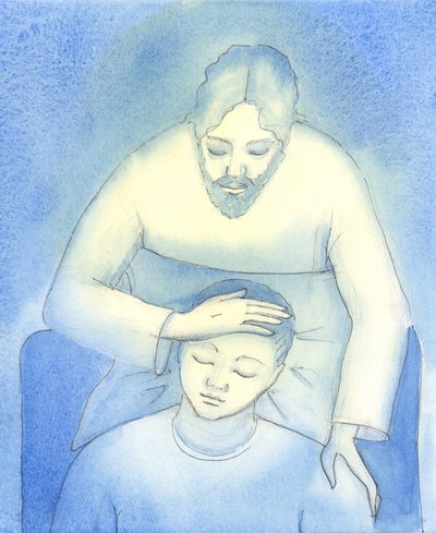 Kristus ser vår smärta och utmattning och kommer till oss i nattvarden för att erbjuda tröst och trygghet, som en mor som stryker ett barns hår., 2004 (w/c på papper) av Elizabeth Wang
