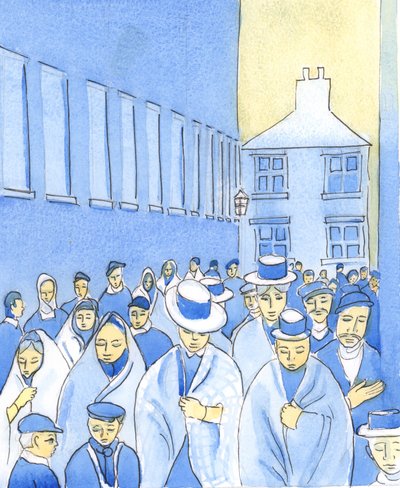Kristus visade mig att alla dessa människor i den hundra år gamla nyhetsfilmen nu är döda och är i himmelen eller helvetet eller skärselden, 2004 (w/c på papper) av Elizabeth Wang