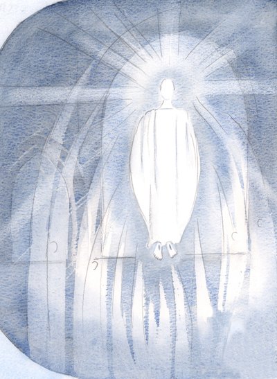 Kristus stod framför tabernaklet, omgiven av beundrande änglar., 2000 (w/c på papper) av Elizabeth Wang