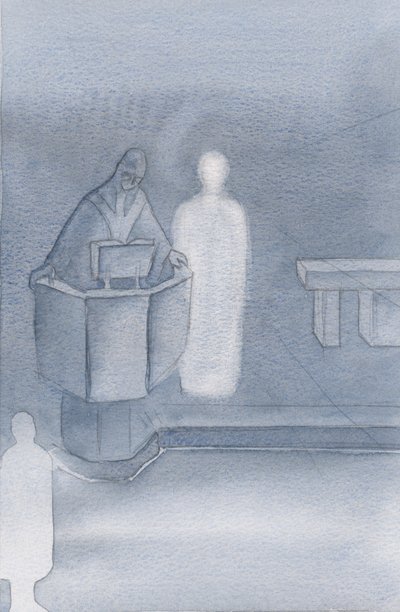 Kristus stod bredvid prästen som läste det heliga evangeliet för oss alla, vilket var Kristi eget ord., 2000 (w/c på papper) av Elizabeth Wang