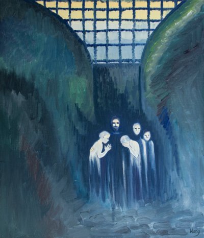 Kristus den korsfäste är särskilt nära alla som lider för hans skull, 2000 (olja ombord) av Elizabeth Wang