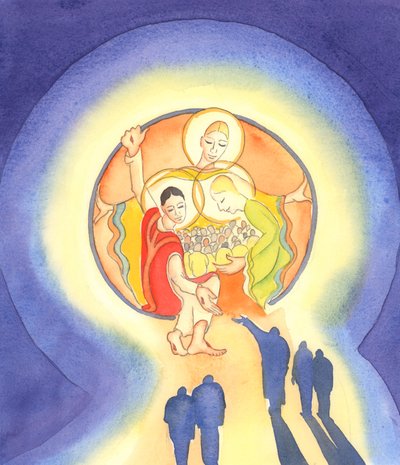 Kristus välkomnar den ångerfulla och villiga själen in i hjärtat av den heliga treenigheten. "De som gömmer sig i honom skall inte dömas" (Ps 33), 2001 (w/c på papper) av Elizabeth Wang