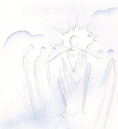 Kristus, som är dörren, leder oss fram och tillbaka i himmelskt sällskap, 2000 (w/c på papper) av Elizabeth Wang
