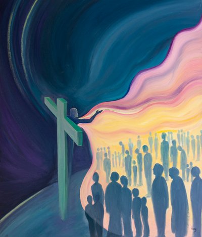 Kristi gudomliga medkänsla från korset döljer hela mänsklighetens synder, 2001 (olja ombord) av Elizabeth Wang
